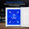 A close-up of the interior of a white mini freezer, highlighting its capacity with blue overlay graphics and text. Produktbild-Vorschau