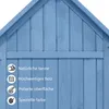 A close-up of a blue wooden garden shed with text overlays describing its features. Voir les images du produit