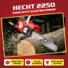 A red and black electric chainsaw is cutting a log, with wood chips flying. The image has a red background with text overlays and feature icons at the bottom. Produktbild-Vorschau