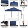 Diagram showing features of a blue pop-up canopy tent. Produktbild-Vorschau