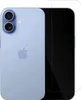 A light blue iPhone is shown from the back, with a screen protector laid over the right half of the image. Produktbild-Vorschau