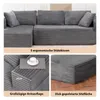 Collage of images showing different aspects of a dark gray corduroy sectional sofa. Produktbild-Vorschau