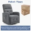 A gray recliner chair is shown next to two stacked cardboard boxes labeled 'BOX 1' and 'BOX 2'. Text at the top reads 'Paket-Tipps' (Package Tips), and text at the bottom states that the item is delivered in two boxes and may not arrive at the same time. Náhľad obrázku produktu