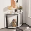 A half-round console table with marble top and black metal legs, decorated with a lamp, a figurine, books, and a bouquet of flowers. Podgląd zdjęcia produktu