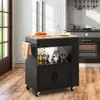 A kitchen scene with a black kitchen cart in the foreground and a stove in the background.