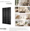 A collage showing a large black bookshelf on the left and lifestyle images of different rooms (office, living room, hallway, bedroom) on the right, demonstrating where the bookshelf could be placed. Náhled obrázku produktu