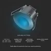 A black ceiling motion sensor with a blue light emitting from its center, set against a dark background. Below the product, there is text detailing available settings. Produktbild-Vorschau