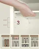 Collage showing different shoe storage configurations within a white shelving unit, with a hand demonstrating shelf adjustment in the top section. Náhled obrázku produktu
