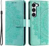 A teal flip case for a Samsung Galaxy S23 with a mandala pattern is shown open and closed. Produktbild-Vorschau