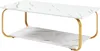 A rectangular coffee table with a marble-like pattern on its surfaces and gold-colored metal legs. Náhled obrázku produktu