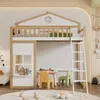 A children's loft bed with a house-shaped frame, a ladder, and a play area underneath with a table and chairs.