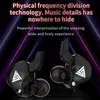 A pair of black in-ear headphones with a white triangular logo on a dark, abstract background with purple lighting effects. Produktbild-Vorschau