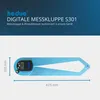 A blue digital caliper and angle measuring tool is shown on a light gray background with marketing text and dimensions. Produktbild-Vorschau
