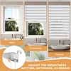 A collage showing a window blind in three different states: open, translucent, and opaque. A close-up of the blind's mechanism is also shown. Text overlays describe the states and a general feature. Voir les images du produit