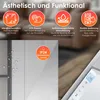 Marketing image showing features of an infrared heater with icons and text. Produktbild-Vorschau