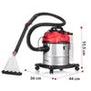 A red and silver wet and dry vacuum cleaner with a black hose and cleaning attachment is shown against a white background. Dimensions are indicated with dotted lines and text. Náhľad obrázku produktu