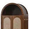 Close-up view of the top section of a wooden cabinet with arched doors and brass hooks. Anteprima dell’immagine prodotto