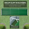 A green raised garden bed divided into three sections, shown on a grassy background with a close-up inset of its internal structure. Produktbild-Vorschau