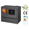 A black wood-burning stove with an oven and a glass door showing flames, placed on a white background with marketing labels. Produktbild-Vorschau