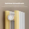 A close-up marketing image of a radiator with text overlay highlighting its seamless welding technology. Voir les images du produit