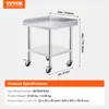 A stainless steel work table with wheels and a shelf, shown with dimensions indicated. Produktbild-Vorschau