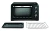 A black countertop oven with a silver trim and controls, shown with a baking tray and a wire rack. Voir les images du produit
