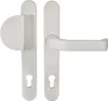 A white door handle set with a keyhole on a white background. Produktbild-Vorschau