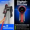 A split image showing a cordless vacuum cleaner on the left and a close-up of its digital display on the right, with marketing text. Voir les images du produit