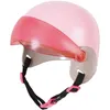 A pink helmet with a pink visor and gray ear flaps, attached by black straps with pink buckles. Produktbild-Vorschau