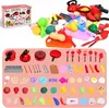 A collection of toy kitchen accessories, including pots, pans, utensils, and food items, are spread out on a pink surface, with a box of the product in the background. Anteprima dell’immagine prodotto