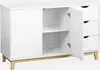 A white cabinet with wooden legs and accents, featuring two doors on the left and three drawers on the right. One of the doors is open, revealing shelves inside. Anteprima dell’immagine prodotto