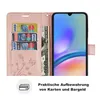 A pink flip wallet phone case with cards and cash inserted, next to a smartphone. Produktbild-Vorschau