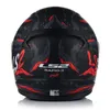 The back view of a motorcycle helmet with a black base color and a red, gray, and white graphic design. Produktbild-Vorschau