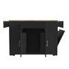 A black kitchen island with a wooden top and open doors, shown from the front. Voir les images du produit