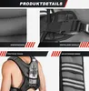 Collage of product details for a weight vest, including close-ups of material, buckle, pocket, and reflective straps, with a person wearing the vest. Produktbild-Vorschau