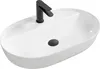 A white oval countertop sink with a black faucet and drain. Náhled obrázku produktu