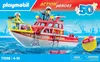 A Playmobil fireboat toy set is shown on a blue background with water and harbor cranes. The packaging includes text and graphics. Produktbild-Vorschau
