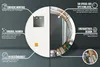 A round mirror is shown split in half, with one side displaying its features and the other showing its decorative design. Produktbild-Vorschau