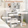 A white vanity table with various storage compartments and cosmetic products displayed on it. Anteprima dell’immagine prodotto