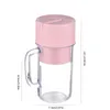 A pink and clear portable blender with a handle, shown against a white background with measurement indicators. Produktbild-Vorschau