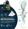 A product image showcasing a pool filter system with accompanying accessories and a diagram illustrating the filtration process. Voir les images du produit