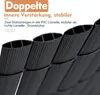 Close-up view of black PVC fence slats with text overlays describing their features. Podgląd zdjęcia produktu