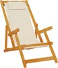 A studio shot of a wooden deck chair with a cream fabric seat and headrest. Produktbild-Vorschau