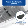 A close-up view of a dishwasher interior with a black kitchen utensil placed inside. A circular inset highlights a specific part of the utensil with an arrow pointing to it. Produktbild-Vorschau