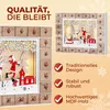 A collage of images showcasing a wooden advent calendar with Christmas-themed illustrations and text highlighting its quality and features. Produktbild-Vorschau