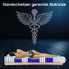 A person lying on a mattress with a diagram of their spine and the mattress structure. Produktbild-Vorschau