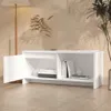 A white TV cabinet with one door open, displaying books and a decorative vase inside. The cabinet is placed on a wooden floor in a room with a lamp and a plant. Anteprima dell’immagine prodotto
