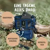 A blue dog treat bag is shown outdoors, with text overlays indicating its features. Produktbild-Vorschau