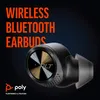 A close-up marketing image of a single black wireless earbud with a metallic gold and silver patterned face, set against a dark gradient background. Text overlays highlight the product's features. Produktbild-Vorschau