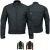 Herren-Motorradjacke in Schwarz, Vorder- und Rückansicht. Gefertigt aus Cordura-Polyester 600D und wasserabweisendem Nylon, mit Reißverschluss- und Klettverschlüssen. Ausgestattet mit Protektoren für Arme, Schultern und Rücken. Produktbild-Vorschau
